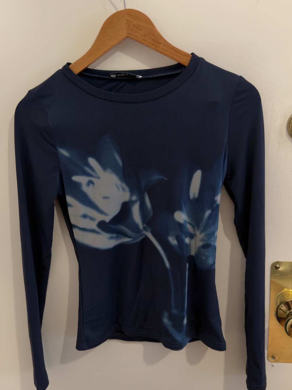 Princess Polly Navy Long Sleeve Tee with White Floral Blur Graphic